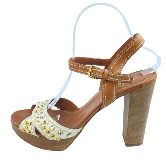 Car Shoe Women's White Brown Studded Ankle Strap Stack Heel Sandals Size 8.5 - Picture 1 of 8
